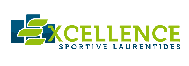 Logo: Excellence Sportive Laurentides, avec blocs bleus et feuilles vertes