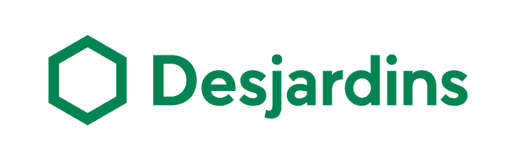 Logo Desjardins : hexagone vert et texte Desjardins en vert.